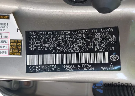 2006 Toyota Prius z USA, uszkodzony, nr VIN JTDKB20U767525297